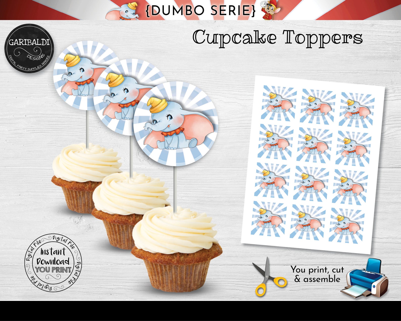 Instant Download Dumbo Cupcake Toppers Baby Dumbo Cupcake Etsy