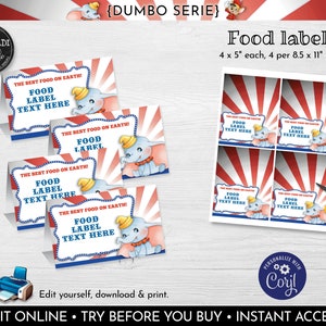 Editable Dumbo Food Labels Instant Download Dumbo Tent Cards Dumbo Buffet Cards Dumbo Place Cards Dumbo Circus Birthday Party Supplies DCHM