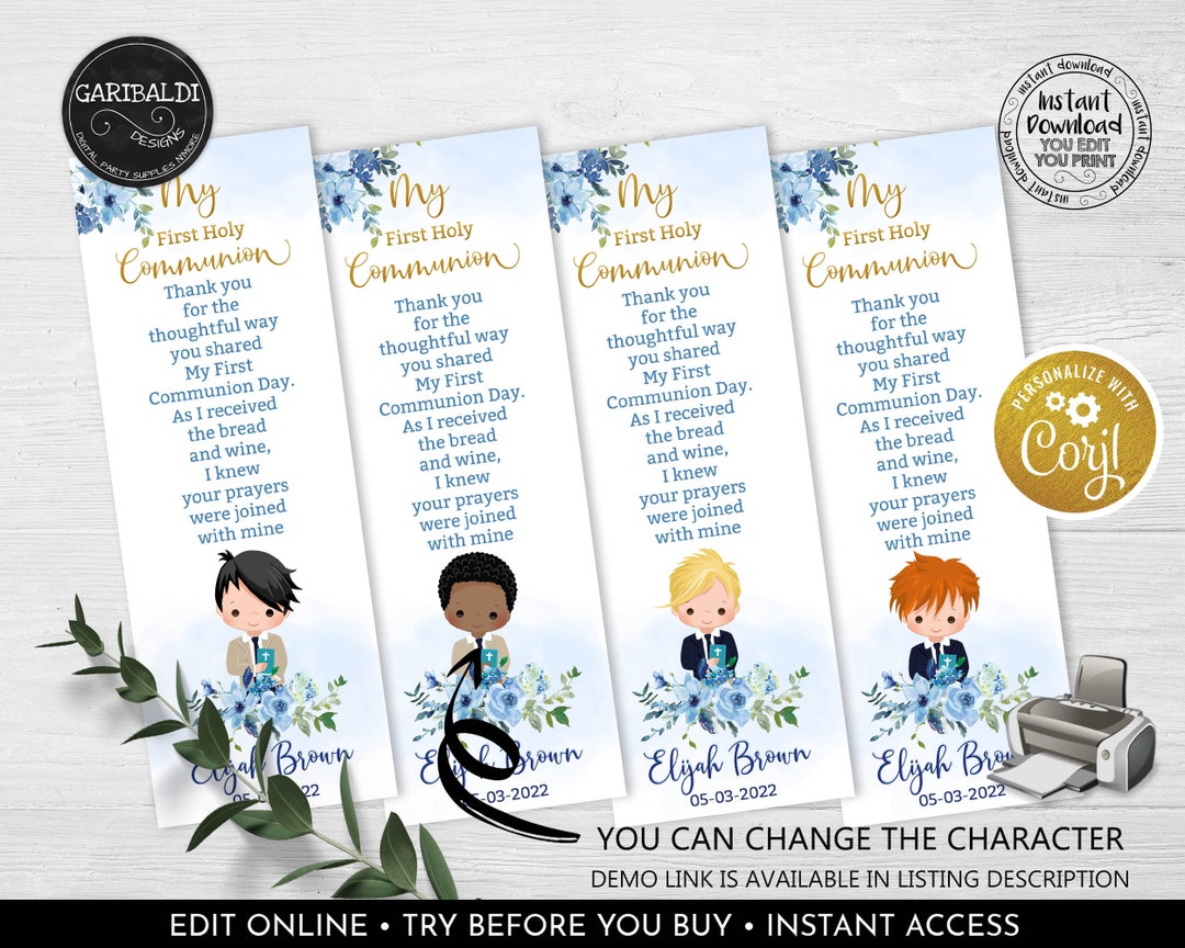 Editable First Holy Communion Bookmarks Template Printable Floral Blue ...