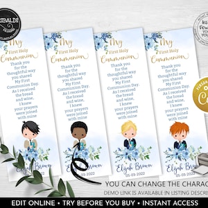 Editable First Holy Communion Bookmarks Template Printable Floral Blue First Communion Gift Tags Party Favors  Recuerdos Primera Comunión FC