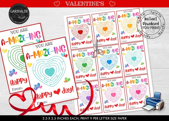 Instant download Maze Valentine's day Card You Are A-MAZE-ING Valentine Card Printable Classroom Valentine Cards Valentine's Day Gift Tag VL