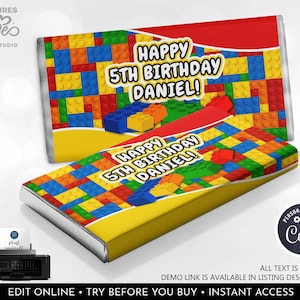 Editable Building Blocks Candy Bar Wrapper Construction Brick Chocolate Bar Label Blocks Party Favors Download Corjl Template Printable BKBC