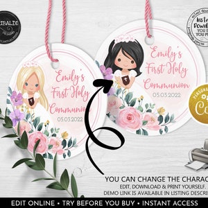 Editable First Communion Labels Printable Pink Flowers Girl First Holy Communion Tags Personalized Decor Party Supplies Digital Corjl FC