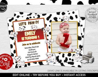 Editable Dalmatians Invitation, Dalmatian Birthday Party Invitation Template, Instant download Puppies Photo Birthday Party Invitation DAL