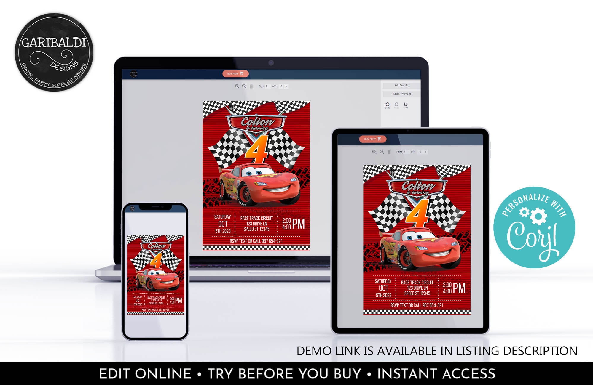 Editable Race Cars Invitation Printable Racing Cars Birthday Arty ...