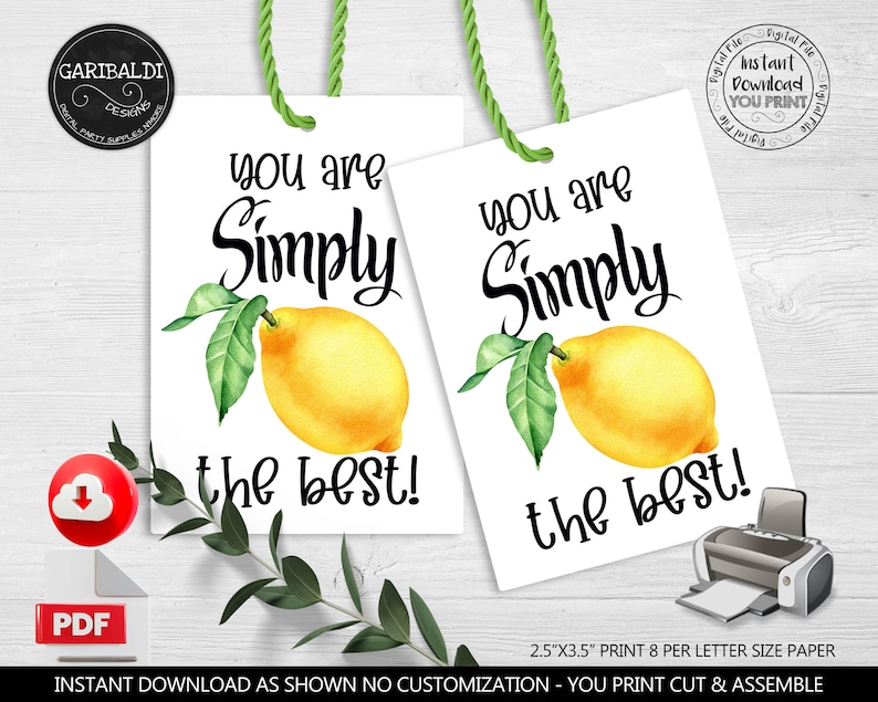 Pu&ograve; includere: Due etichette regalo stampabili con un design di limone ad acquerello. Le etichette sono bianche con testo nero che dice "You are Simply the Best!" e misurano 2,5 pollici per 3,5 pollici.