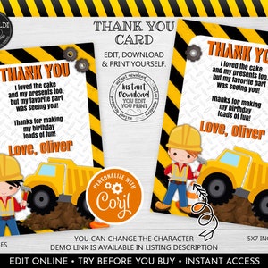 Editable Construction Birthday Thank you card, Instant download Dump Truck Thank You Note, Construction Birthday Thank You Note Template CTK