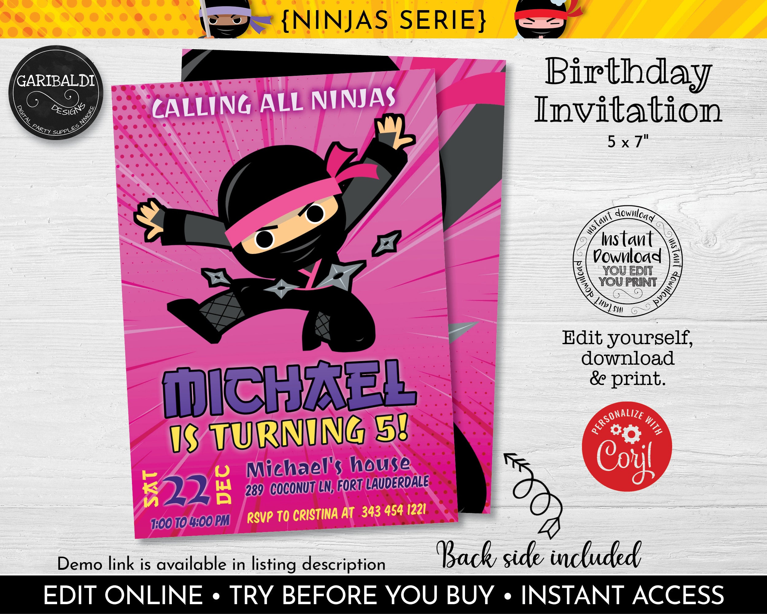 Invitations &amp; Announcements Invitations Editable Ninja Birthday Party Invitation Instant ...