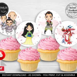 Mulan Cupcake Toppers Printable Mulan Labels Birthday Party Supplies Chinese Princess Decorations Favor Tags Stickers Instant Download DML