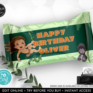 Editable Tarzan Rice Treat Wrappers Printable Jungle Safari Birthday Party Supplies Party Animals Favor Snacks Safari Party Decorations TZN