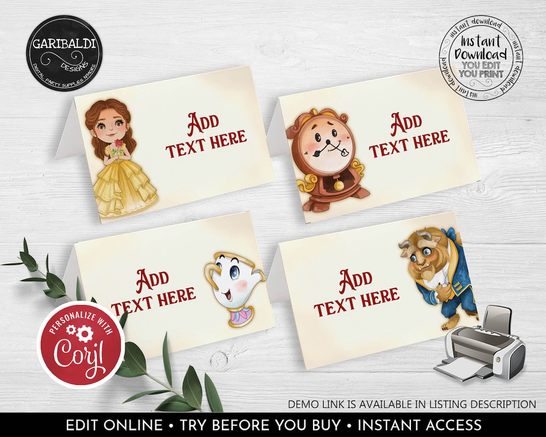 Editable Beauty and the Beast Food Labels Princess Belle Place Cards ...
