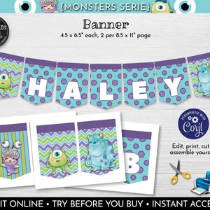 EDITABLE Monster Pennant Banner Monster Birthday Banner Monster Banner Monster Printable Party Supplies Monster Baby shower Decorations MINC