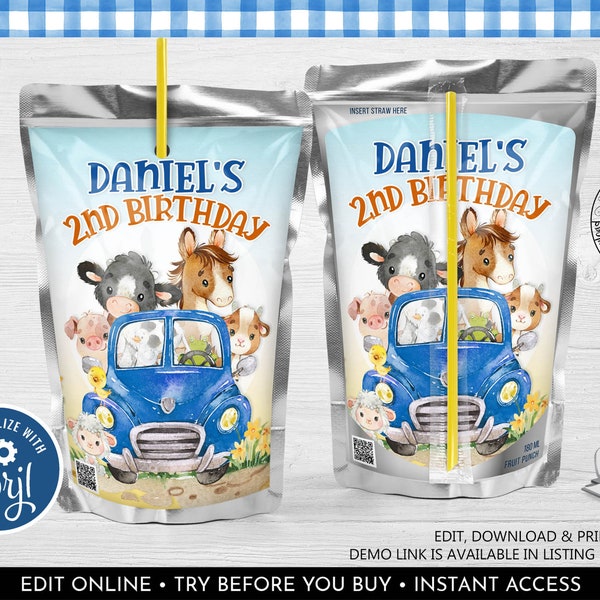 Editable Blue Truck Juice Pouch Labels, Farm Animals Juice Box Labels Template, Printable Farm Animals Petting Zoo Birthday Party Labels LBT