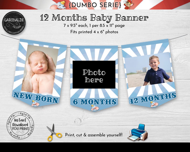 Dumbo Baby First Birthday Banner INSTANT DOWNLOAD Dumbo Photo Banner Dumbo Circus Milestone Photo Banner Baby Blue Dumbo Photo Banner DCHM