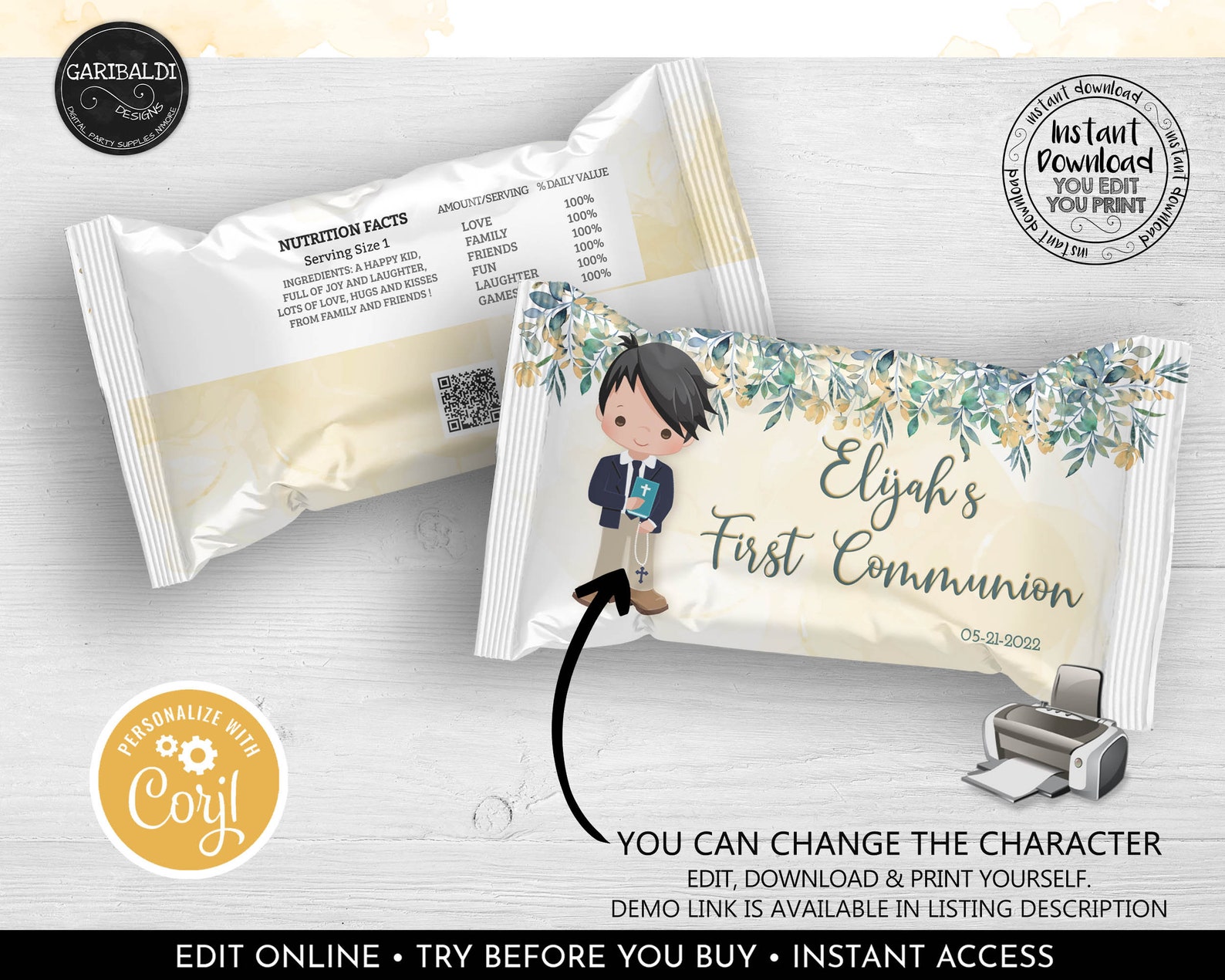 First Communion Rice Treat Wrapper Editable Boy First Communion Candy ...