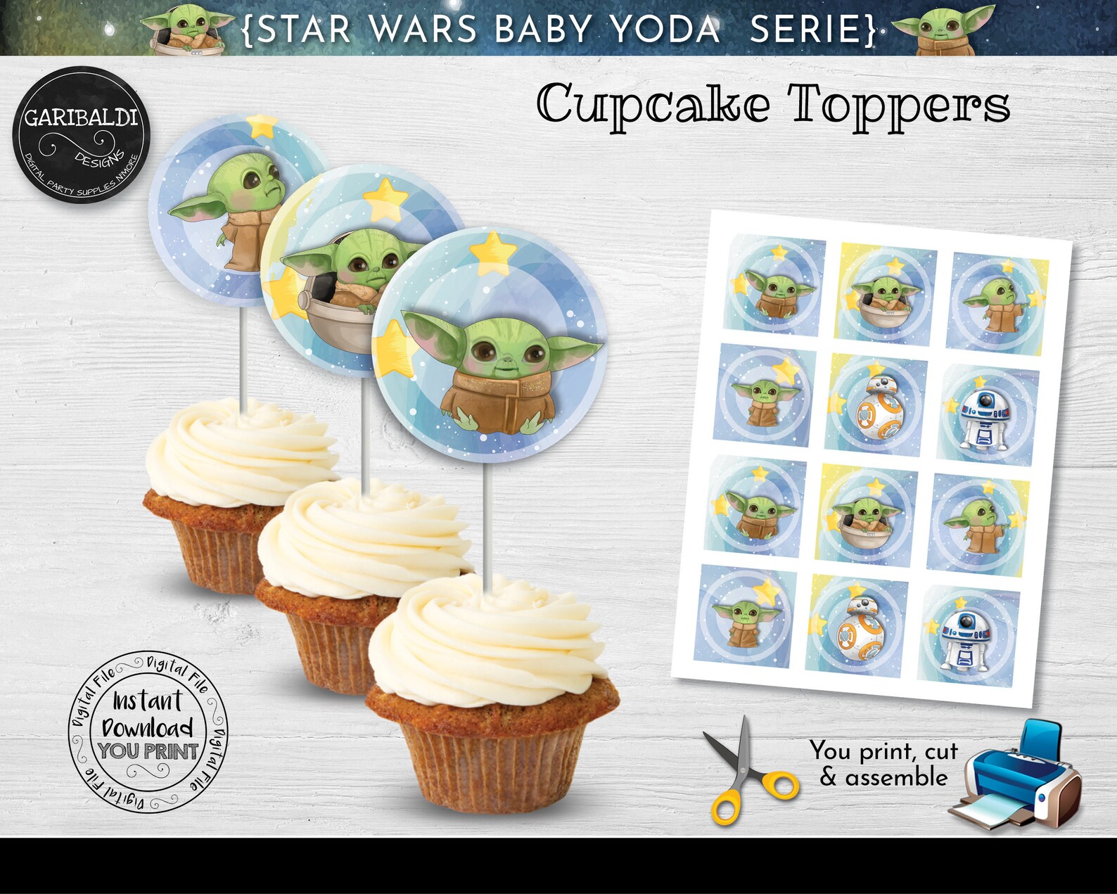 Star Wars Cupcake Toppers Mando Baby Yoda Cupcake Toppers Star Etsy