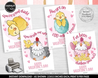 Valentine's Day Card Chicken Valentines School Kids Teacher Class Exchange Tags Printable Chicken Valentines Gift Tag Instant Download VL