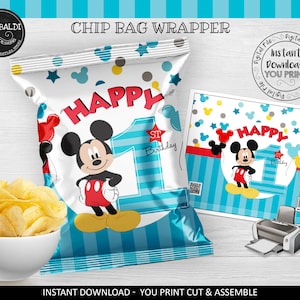 Printable Mickey Mini Chip Wrapper Mickey First Birthday Party Supplies Decorations Printable Chip Template Party Snacks Favors MFT1