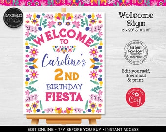 Pode incluir: Um sinal de boas-vindas imprimível para uma festa de aniversário de 2 anos. O sinal apresenta um fundo branco com uma borda floral colorida e o texto "Bem-vindo à festa de aniversário de 2 anos da Caroline".