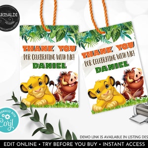 Editable Lion King Favor Tag Safari Party Gift Tag Lion Baby Shower Thank you Tag Jungle Animal Gift Label Digital Download Printable DLK