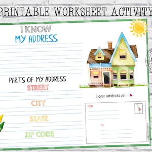 May include: Printable worksheet activity for kids to learn their address. The worksheet features a cartoon house with a sun and clouds. The worksheet includes sections for street, city, state, and zip code. The text "I know my address" is at the top of the worksheet.