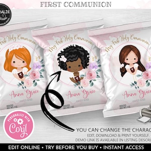 Editable First Communion Chip Bag Wrapper, Printable First Communion Girl Chip Bag Template, First Communion Pink Floral Party Supplies FC