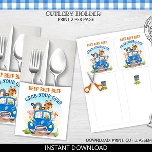 May include: Printable cutlery holder template featuring a blue car with farm animals and the text "Beep Beep Beep Grab Your Gear". The template is designed to be printed, cut, and assembled for use at a farm-themed party.