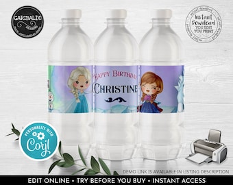 Frozen Water Labels Editable Frozen Bottle Labels Snow Queen Birthday Party Decorations Winter Princess Instant download Party Favors 1 FRZ