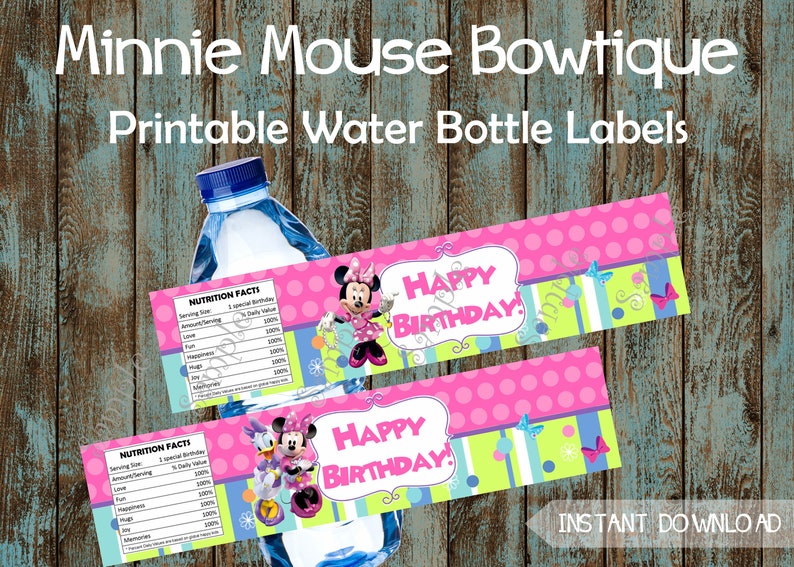 Printable Minnie Mouse Bowtique Water Bottle Labels Minnie Mouse Water Labels Minnie Mouse Birthday party Minnie Mouse and Daisy labels BWQ1