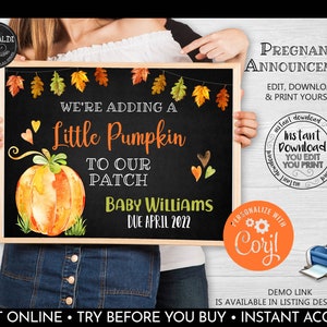 Fall Pregnancy Announcement Little Pumpkin Pregnancy Sign New Pumpkin Patch Photo Prop Poster Autumn Pregnancy Chalkboard Reveal Board TF PA