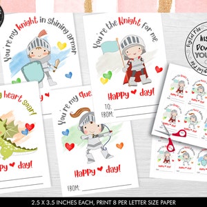 Tarjetas de San Valentín de Caballero imprimibles Tarjetas de San Valentín para niños Tarjetas de San Valentín escolares Tarjetas del Día de San Valentín de clase Etiquetas de favor de San Valentín de Dragón DIY VL