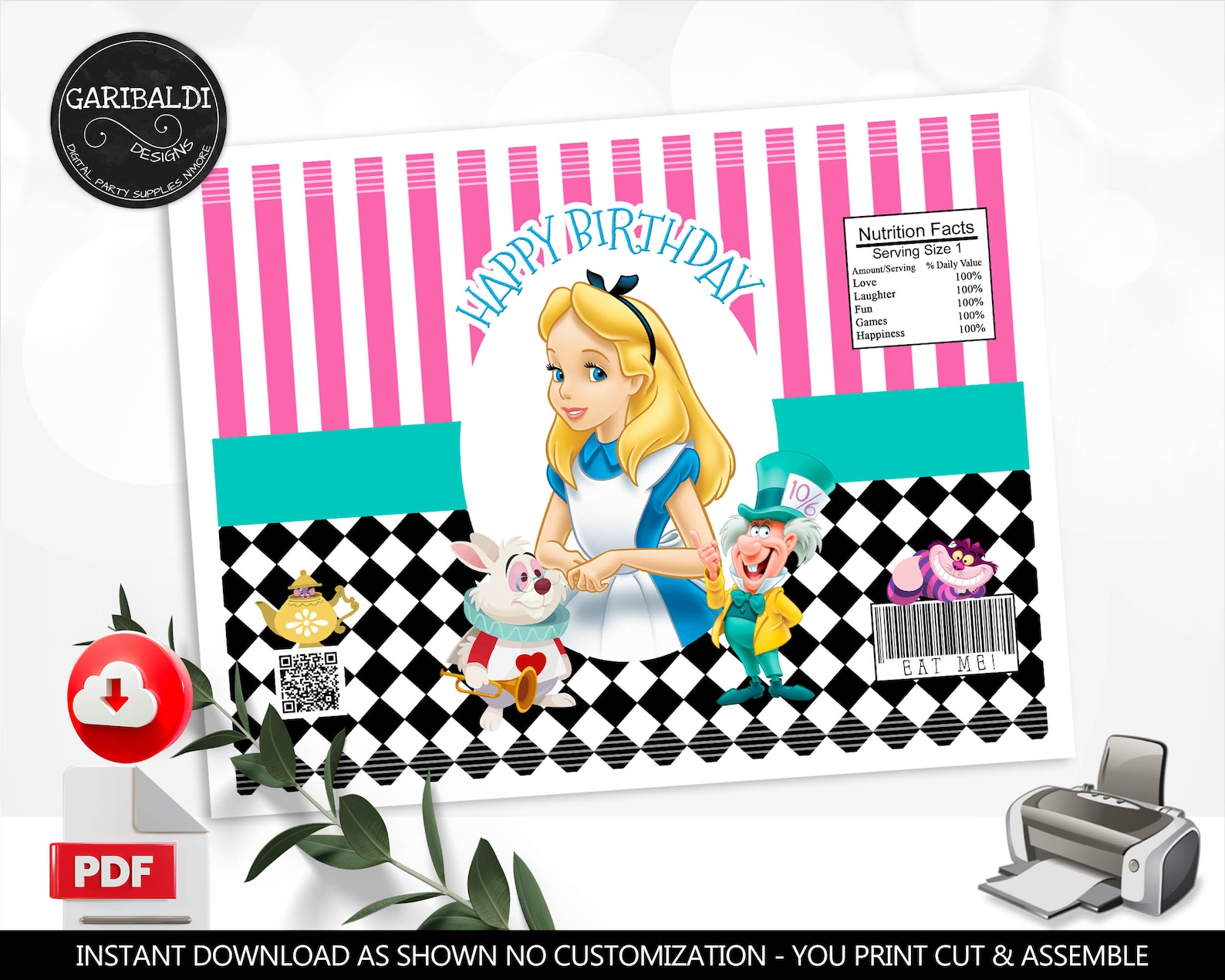 Alice in Wonderland Chip Bag Wrapper Printable Wonderland Party Favors ...