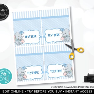 Editable Dumbo Food Labels Blue Dumbo Food Tent Tags Baby Elephant ...