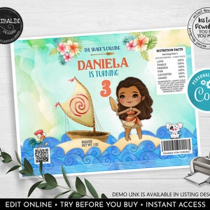 May include: A printable Moana-themed birthday party favour bag featuring a watercolour background with a cartoon image of Moana, a pig, and a rooster. The bag is decorated with a blue and white wave pattern and the text "The Snack's Calling Daniela is Turning 3".