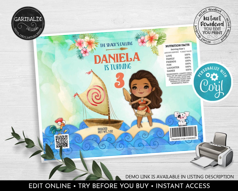 May include: A printable Moana-themed birthday party favour bag featuring a watercolour background with a cartoon image of Moana, a pig, and a rooster. The bag is decorated with a blue and white wave pattern and the text "The Snack's Calling Daniela is Turning 3".