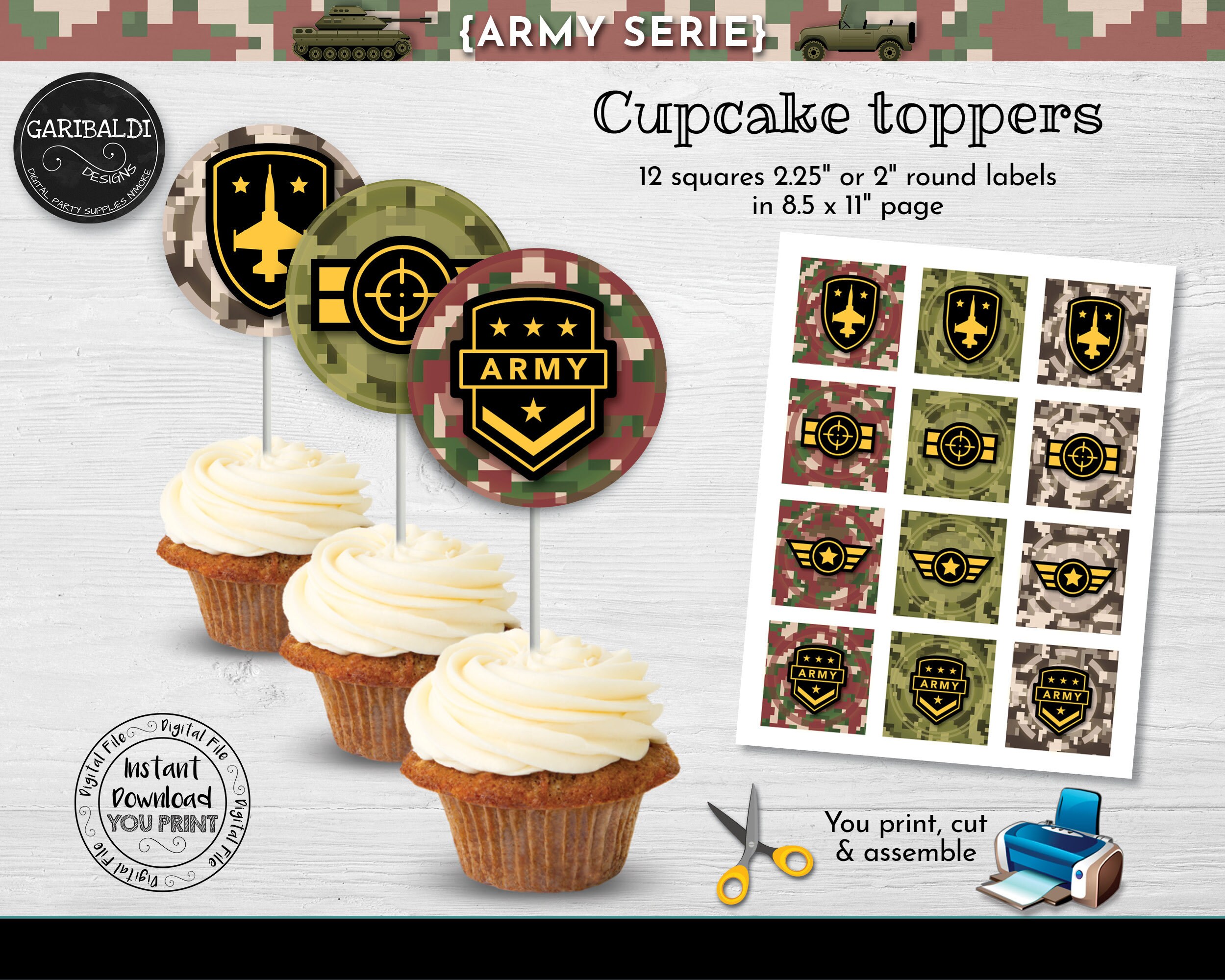 Instant Download Army Cupcake Toppers Printable Soldier Etsy
