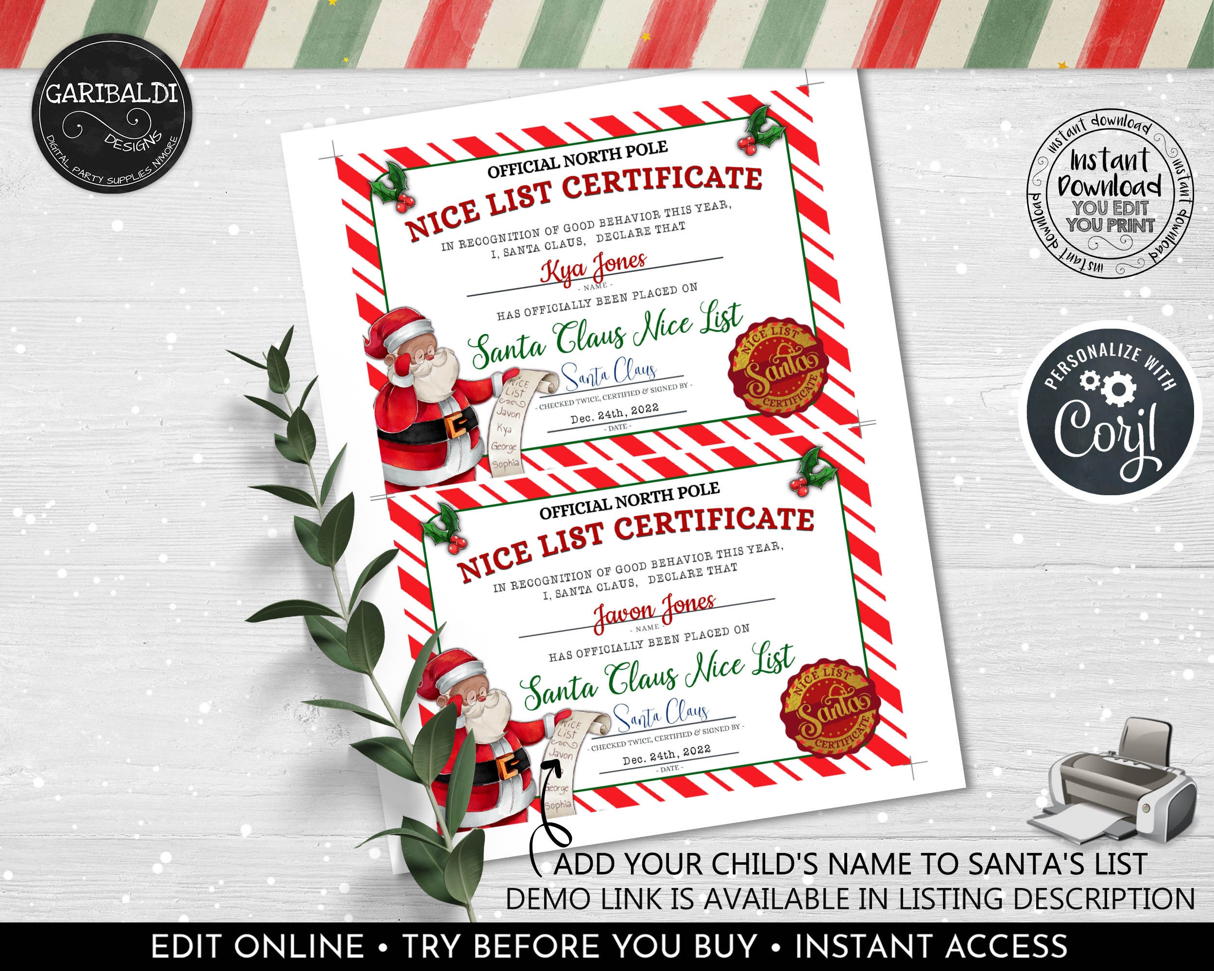 Editable Santa Claus Official Nice List Certificate Personalised Letter ...