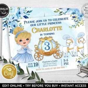 Editable Cinderella Birthday Invitation Once Upon a Time Princess Royal Party Magical Celebration Printable Invitation Corjl Template 4 CP