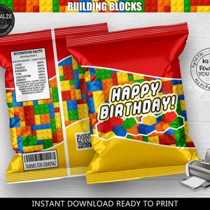 Printable Building Blocks &quot;HAPPY BIRTHDAY&quot; Chip Bags Building Blocks Chip bags Building Blocks Party Supplies Building Blocks Favors BKBC