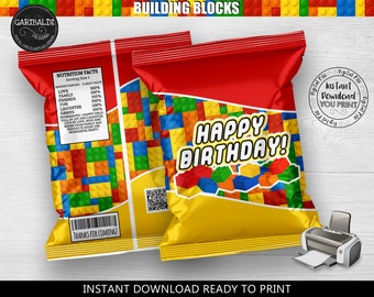 Printable Building Blocks "HAPPY BIRTHDAY" Chip Bags Building Blocks Chip bags Building Blocks Party Supplies Building Blocks Favors BKBC