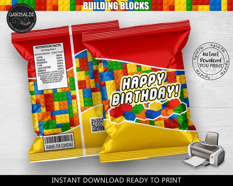 Printable Building Blocks HAPPY BIRTHDAY Chip Bags Building Blocks Chip bags Building Blocks Party Supplies Building Blocks Favors BKBC afbeelding 1