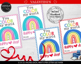 Printable Rainbow Valentine's Day Card You Color My World Valentine's day tag Rainbow Valentine's Day School Cards Rainbow Gift Tag VL