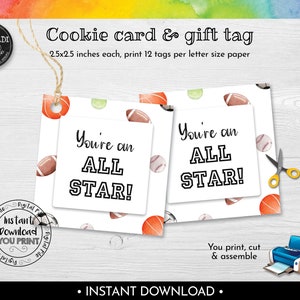 You&#39;re an all Star Favor tag, You are an All Star Cookie card, Sports Gift Tag, Instant download You&#39;re an all Star Tag, Coach Gift Tag VL