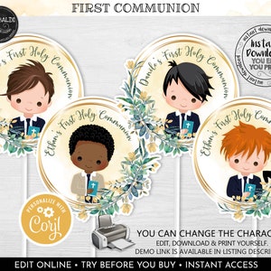 Editable First Holy Communion Centerpieces, Printable First Communion Table Decorations, Boy First Holy Communion Party Supplies FC