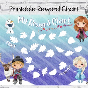 May include: Printable reward chart featuring characters from the film Frozen. The chart has a blue and purple background with white leaves that can be coloured in. The text "My Reward Chart" is at the top of the chart. The text "Start" is at the bottom left of the chart. The text "You Did It!" is at the bottom right of the chart.