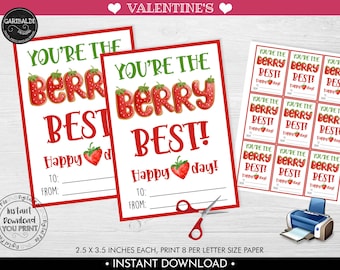 You are the berry best Valentine's day Card Instant download Strawberry Valentines day Card Printable Classroom Valentine's Day Gift Tag VL