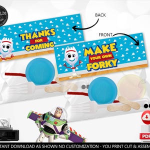 May include: Two clear plastic party favor bags containing craft supplies for a character project. Each bag features a blue header card with a cloud pattern, a cartoon character, and text reading THANKS FOR COMING or MAKE YOUR OWN FORKY.