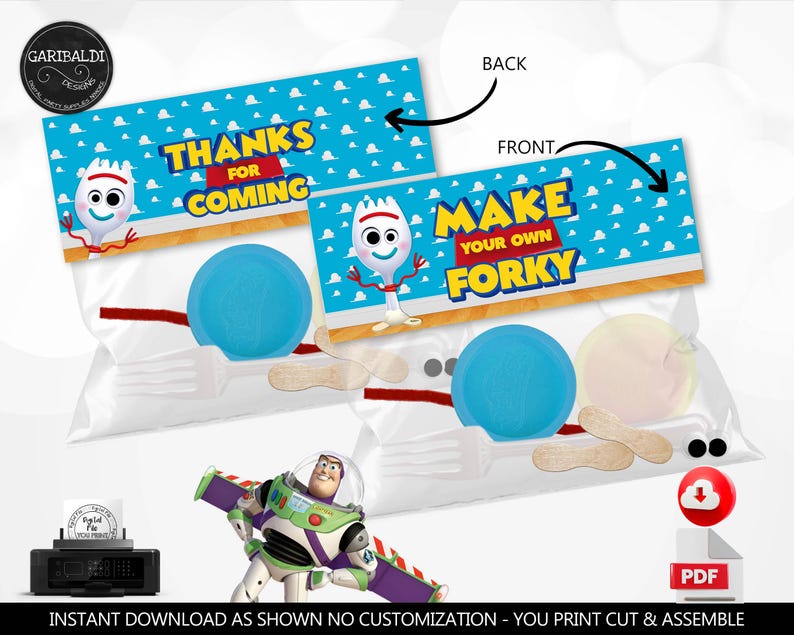 May include: Two clear plastic party favor bags containing craft supplies for a character project. Each bag features a blue header card with a cloud pattern, a cartoon character, and text reading THANKS FOR COMING or MAKE YOUR OWN FORKY.