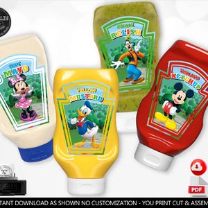 Puede incluir: Cuatro botellas de condimentos con etiquetas de personajes de Disney: Minnie Mouse para mayonesa, el Pato Donald para mostaza amarilla, Goofy para relish de pepinillos y Mickey Mouse para kétchup. Incluye archivos digitales para imprimir.