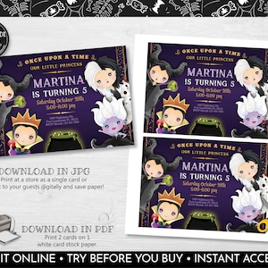 May include: Printable invitation for a girl's 5th birthday party. The invitation features a purple background with images of the Evil Queen and Cruella de Vil from Disney's classic animated films. The text reads "Once Upon a Time... Our Little Princess Martina is Turning 5. Saturday October 28th 5:00-8:00 pm."